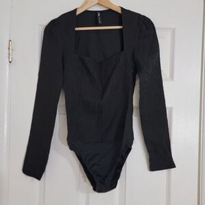 ZARA Woman Black Crinkle TEXTURED BODYSUIT Square Neck‎ Long Puff Sleeve Sz S
